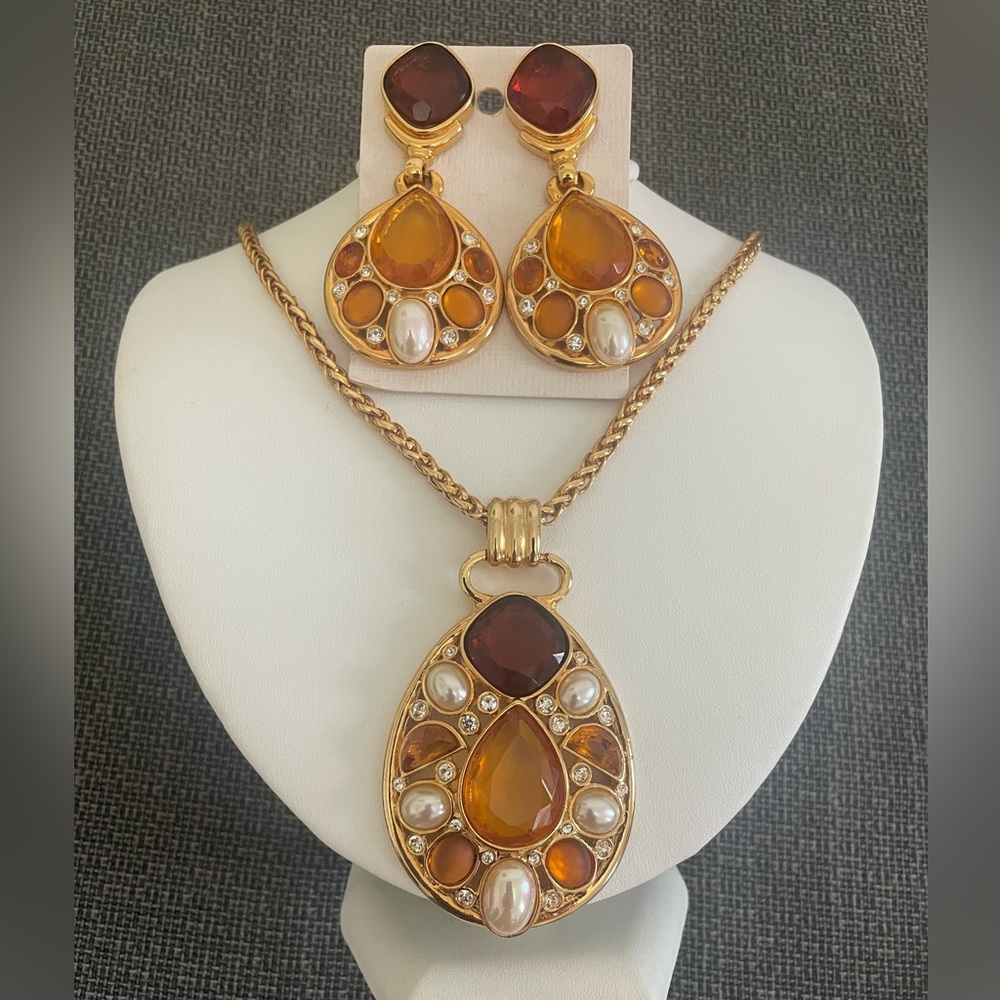 Rare Stamped David Grau Lot Necklace & Clip On Dangle Earrings